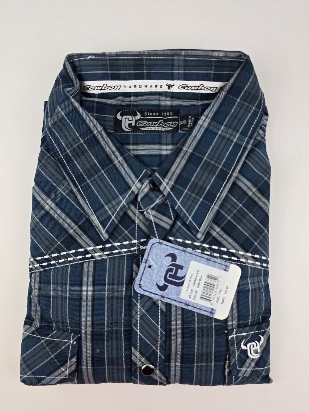 New Men’s XXL Cowboy Hardware Long Sleeve Blue Pearl Snap Shirt Slate Blue Plaid